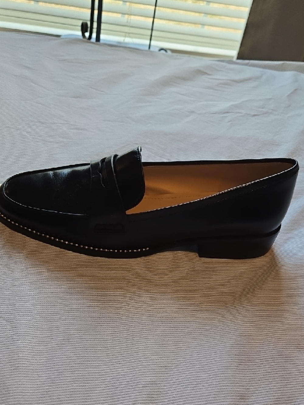 Black Leather Women's Penny Loafers with Gold Trim - Picture 2 of 4